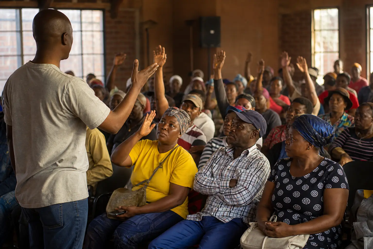 A community meeting of South African union members